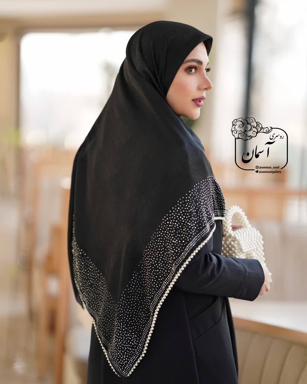 روسری مجلسی ابریشم کوپرا نگین مروارید سفید R5478