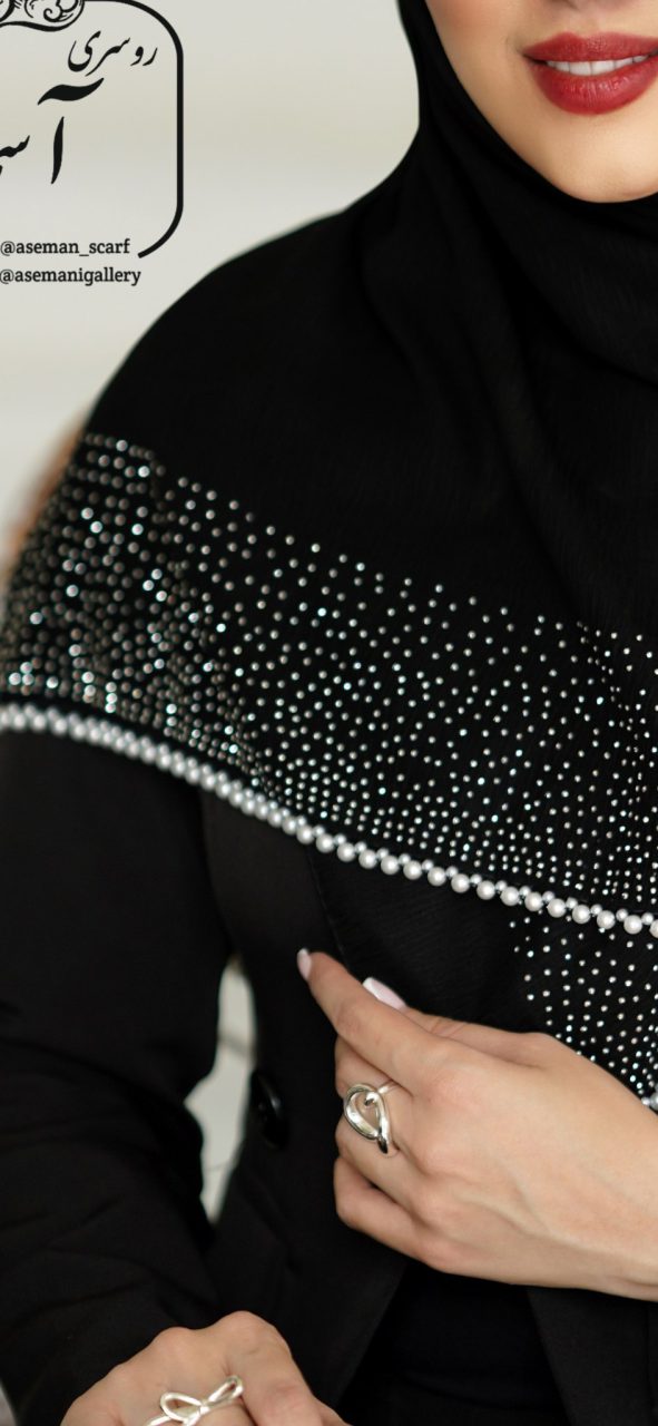روسری مجلسی ابریشم کوپرا نگین مروارید سفید R5478
